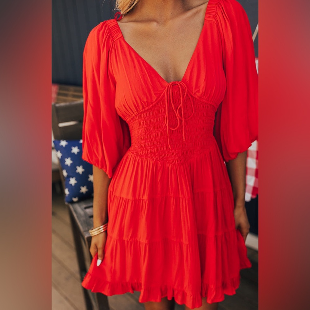 Meritt Impressions Red Smocked Puff Sleeve Tiered Mini Dress ID33256A Small NWT‎